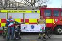 Cycle organiser Dylan Walters who has worked for the fire service for over 26 years, his granddaughter Ffion Walters who attends Bobath to have therapy, and Emyr Jones who will also be cycling
