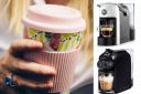 Photo via Canva/Lavazza shows a woman drinking from a reusable coffee cup and a series of Lavazza coffee machines, starting at £95.