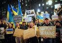 Demonstrators on Whitehall, near to the entrance to Downing Street, protesting against the Russian invasion of Ukraine