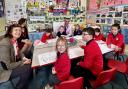 Eluned Morgan MS and Cllr Nicola Gwynn with Head Jonathan Jones and pupils of Miss Davies’ class at Goodwick School