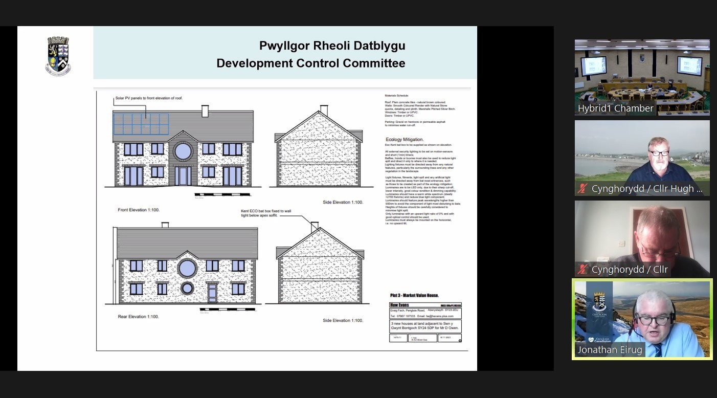 Plans for three homes near Talybont have been deferred once again. Picture: Ceredigion County Council webcast.