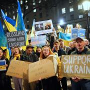Demonstrators on Whitehall, near to the entrance to Downing Street, protesting against the Russian invasion of Ukraine
