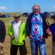 Local Ceredigion Councillor, Clive Davies with  Paul Morgan of Kite designers and flyers, Skybums  of Shropshire, with fellow kiters at the Fifth Annual  