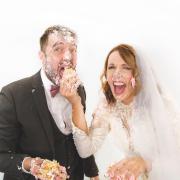 Presenters Trystan and Emma have a cake-smashing time on Priodas Pum Mil