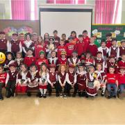 Ysgol Gynradd Brynsaron pupils celebrating St David's Day. Picture: Ysgol Gynradd Brynsaron