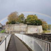 Rainbow over Cardigan Castle.