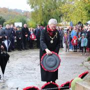 Councillor Hazel Evans The Mayor of Newcastle Emlyn, laying a wreath on behalf of the Town Council at Sunday's Service of Remembrance