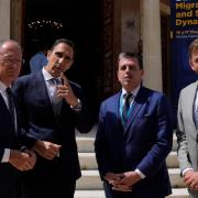 Cyprus’ interior minister Konstantinos Ioannou, second left, with his counterparts Austria’s Gerhard Karner, left, Czech’s Vít Rakusan, right, and Greece’s minister of immigration and asylum Dimitris Kairides, second right in Cyprus (Petros