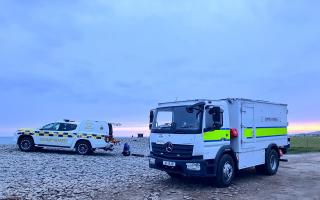 New Quay and Cardigan coastguards and the Army Bomb Disposal Team attended the site of a suspected piece of washed up ordnance this morning, April 26. Picture: New Quay Coastguard.